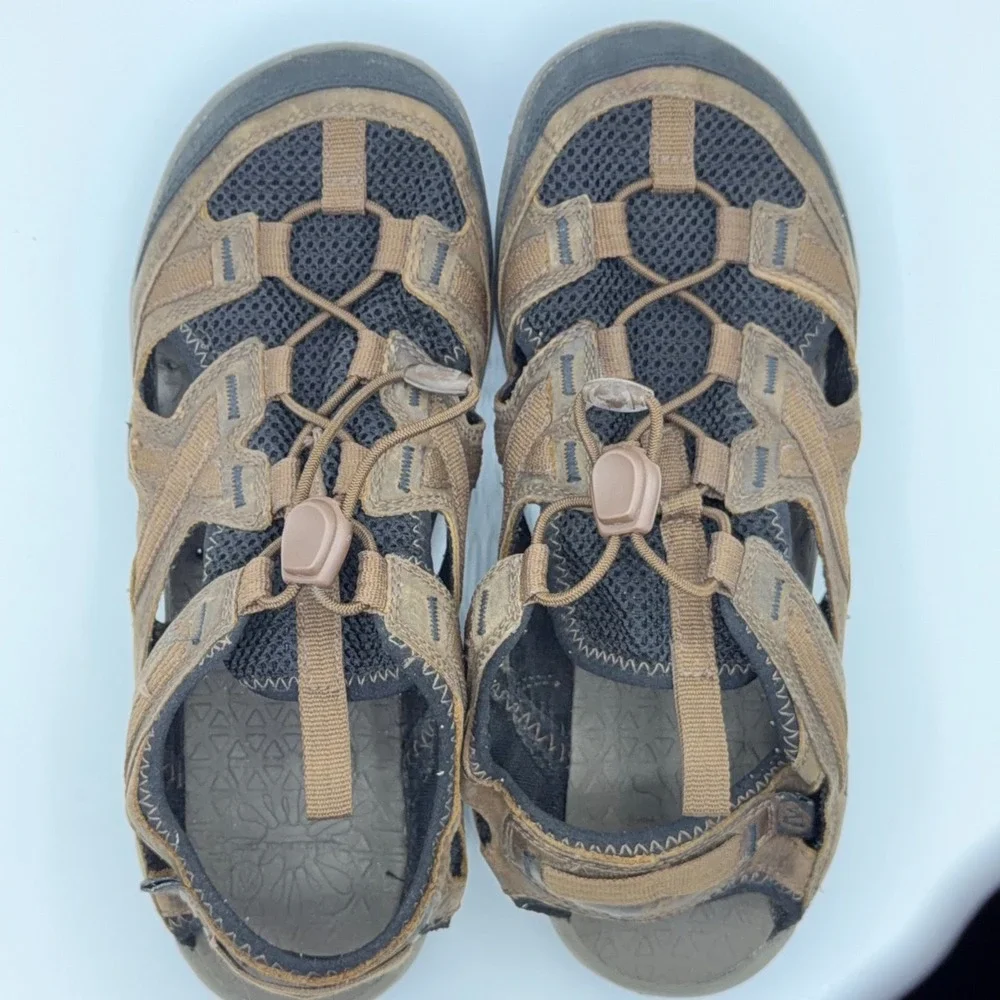 Merrell Hiking Sandals Mens Bungee Lacing Mesh Vibram Trail Shoes Brown Leather